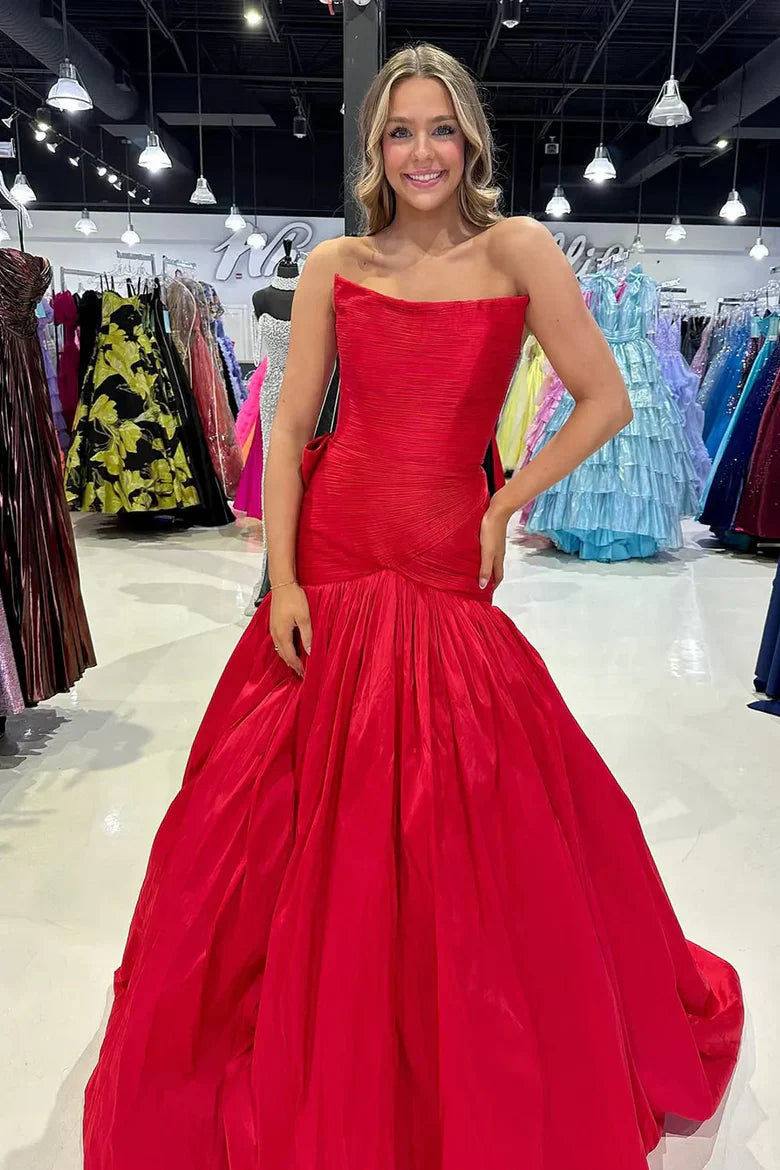 One-Shoulder Red Satin Mermaid Prom Dress with Back Bow and Train for Formal Events