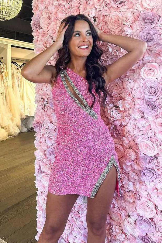 One Shoulder Beads Sequins Sleeveless Mini Homecoming Dress