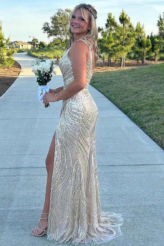 One Shoulder Sleeveless Sequins High Slit Long Prom Dress