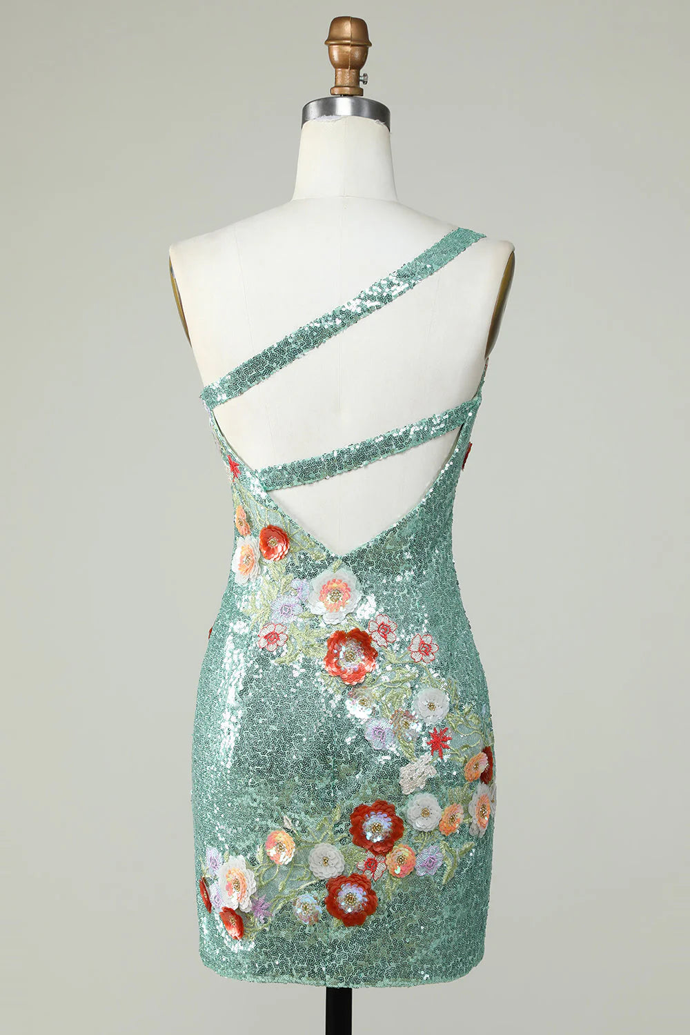 One shoulder black sequined beaded back to school dress with 3D flowers
