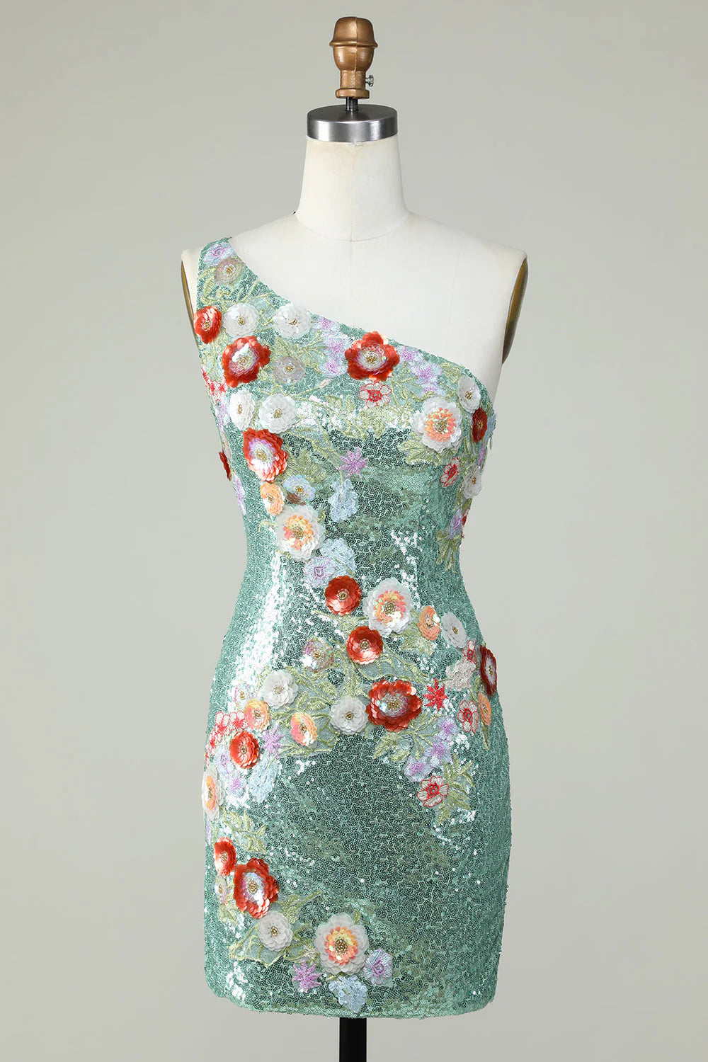One shoulder black sequined beaded back to school dress with 3D flowers