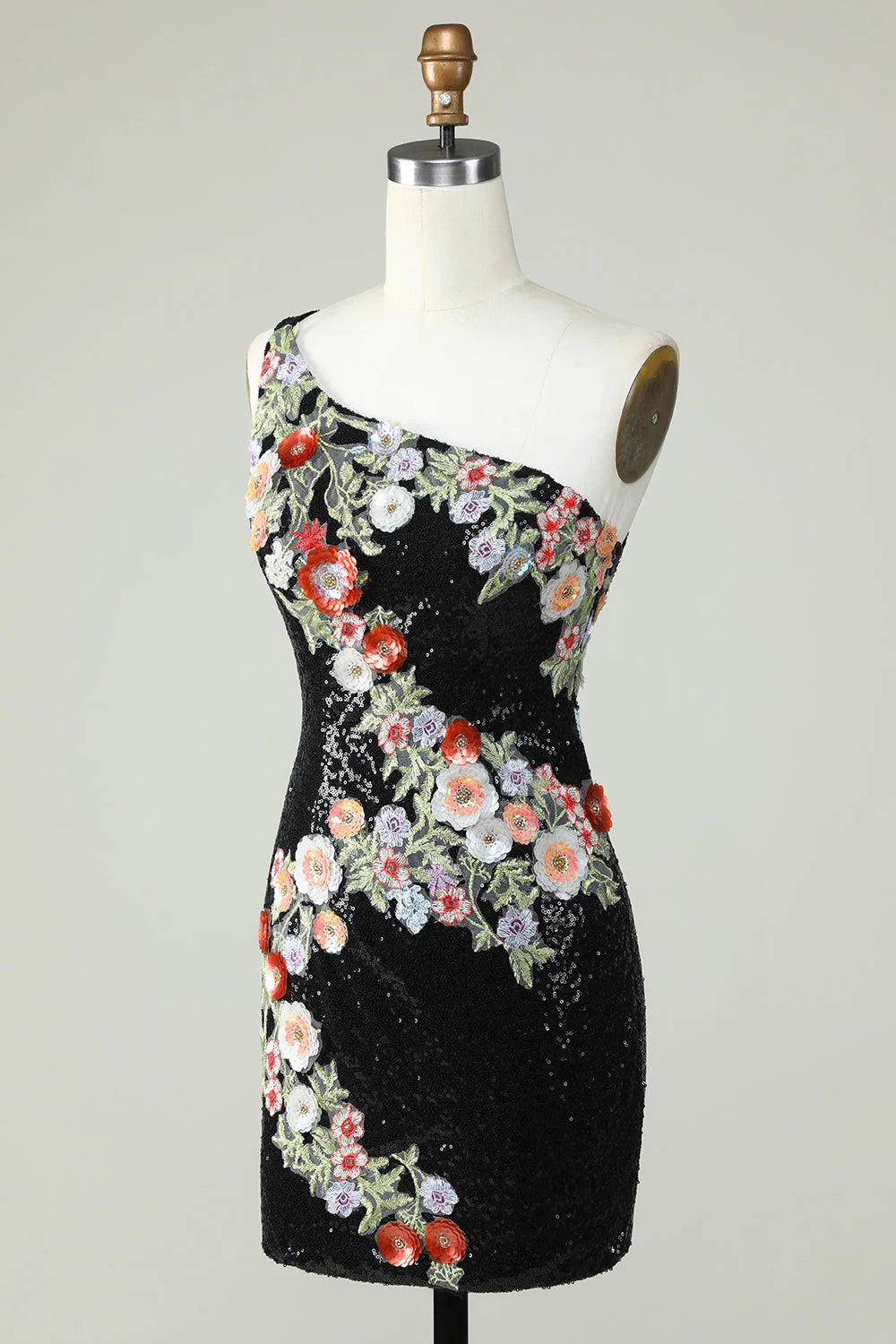 One shoulder black sequined beaded back to school dress with 3D flowers