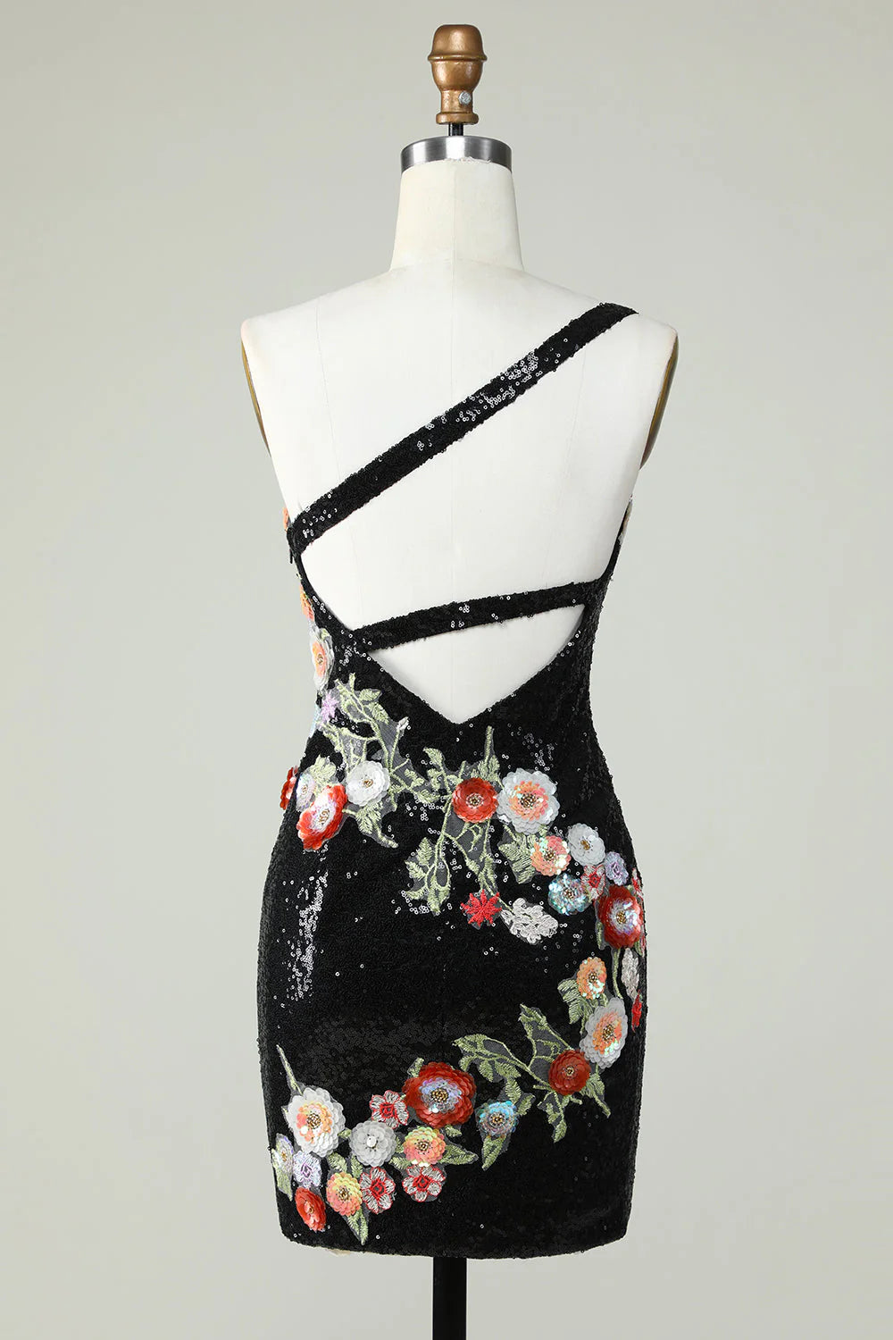 One shoulder black sequined beaded back to school dress with 3D flowers