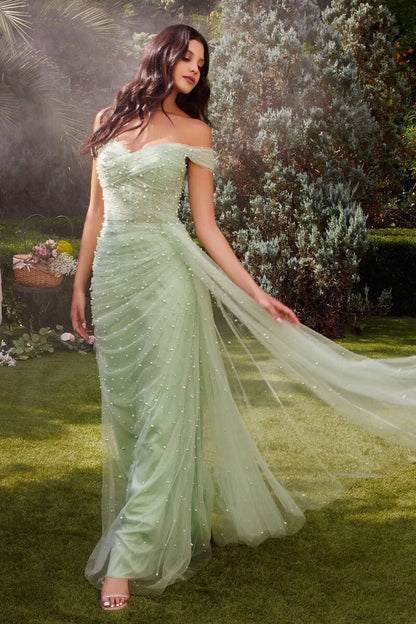 One shoulder mermaid pleated pearl dress