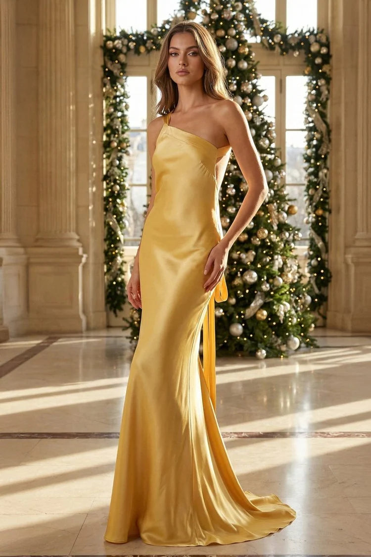 Opulent Golden Yellow Satin One-Shoulder Maxi Dress with Asymmetrical Neckline, Draped Open Back Tie Sash, Form-Fitting Mermaid Silhouette and Floor-Sweeping Train