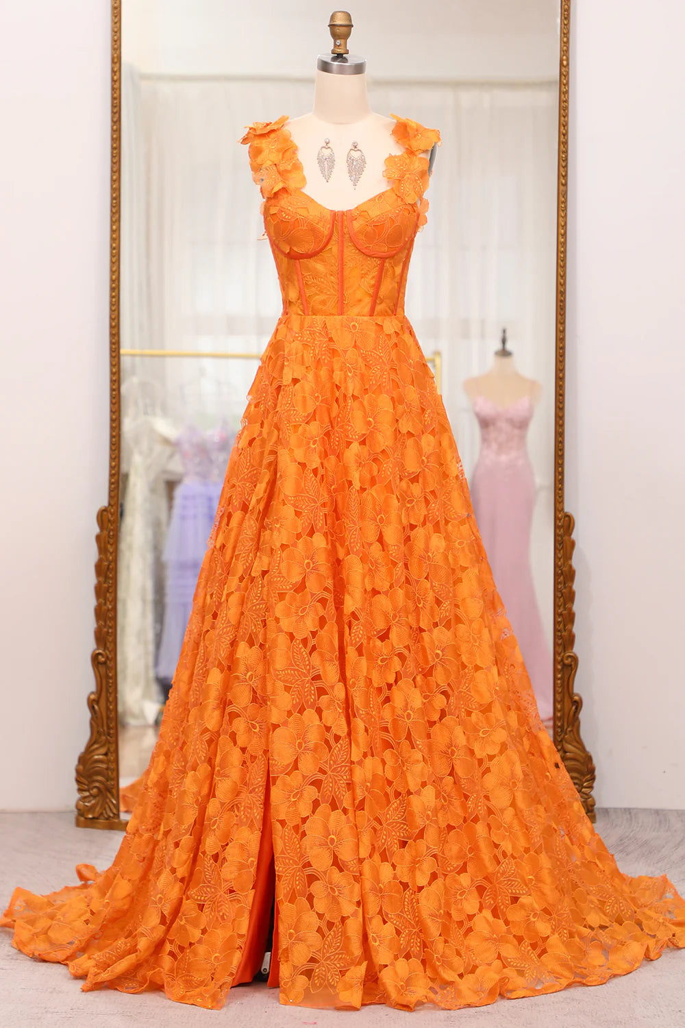 Orange A-Line Spaghetti Straps Applique Corset Long Prom Dress With Slit