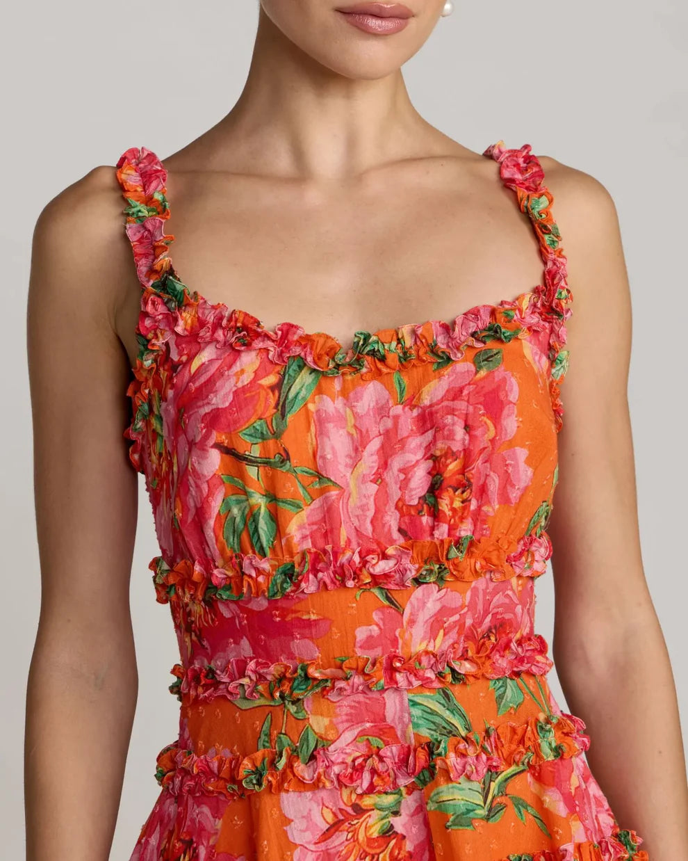 Orange Floral Spaghetti Strap Tiered Ruffle Homecoming Dresses
