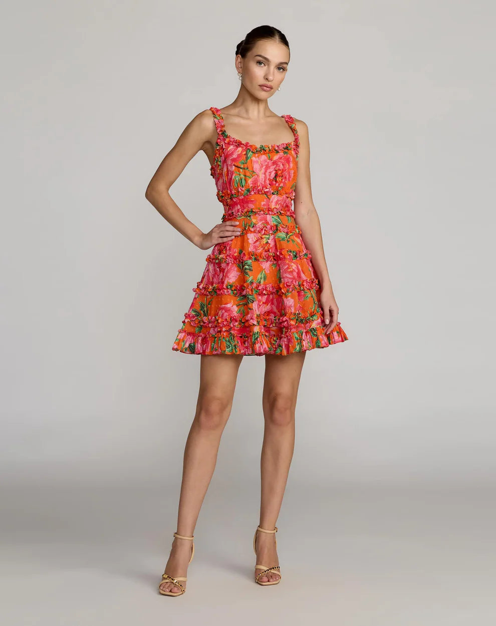 Orange Floral Spaghetti Strap Tiered Ruffle Homecoming Dresses