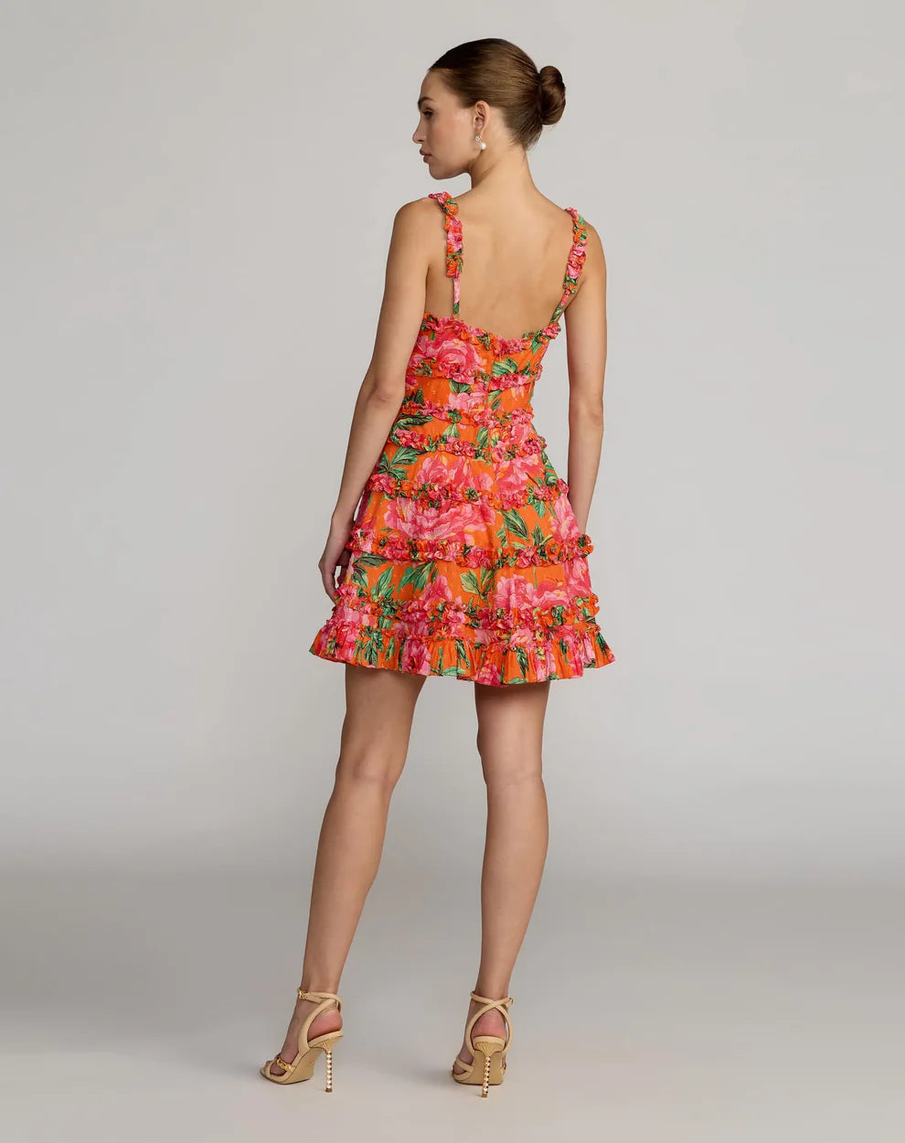 Orange Floral Spaghetti Strap Tiered Ruffle Homecoming Dresses