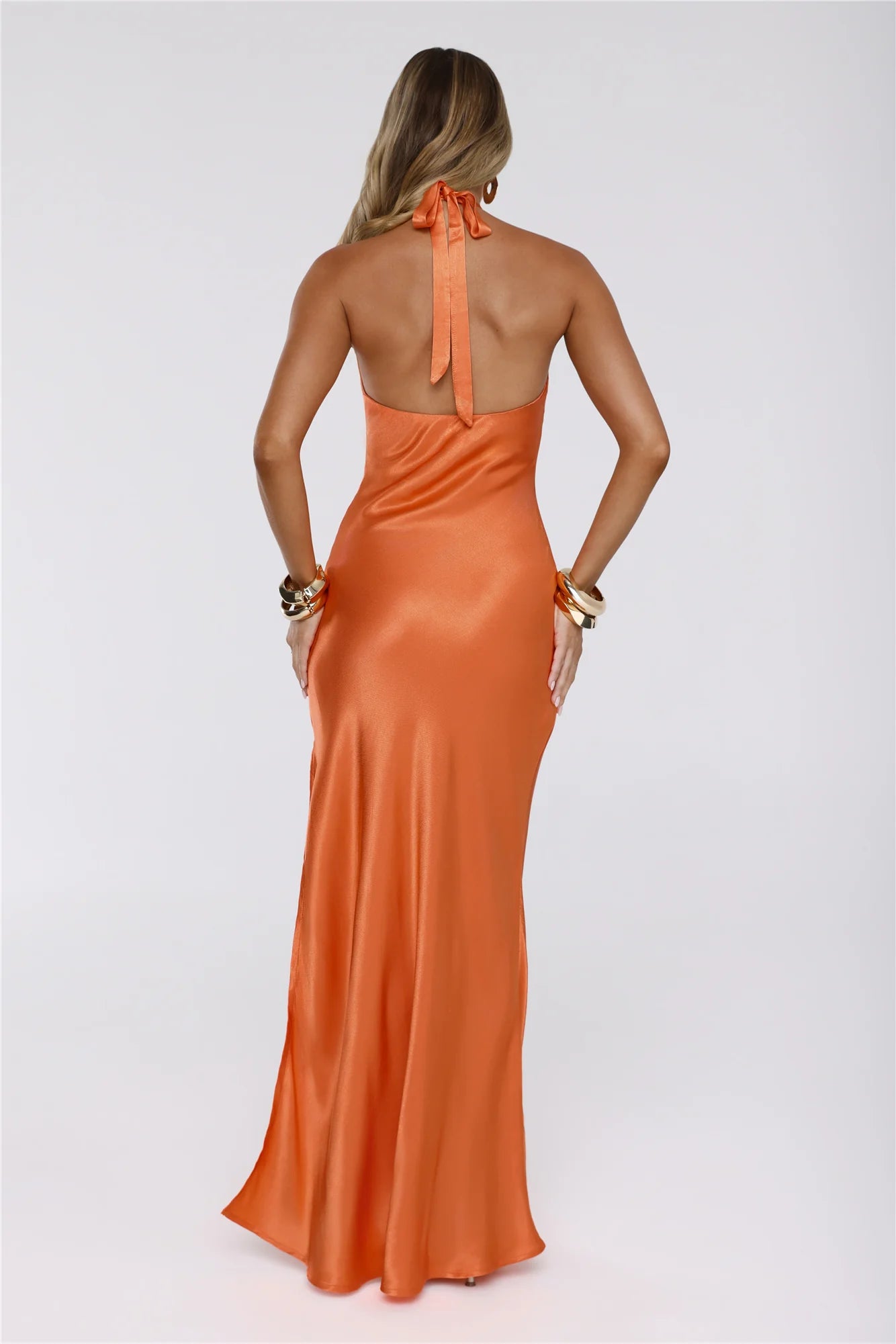 Orange Halter Satin Homecoming Dresses