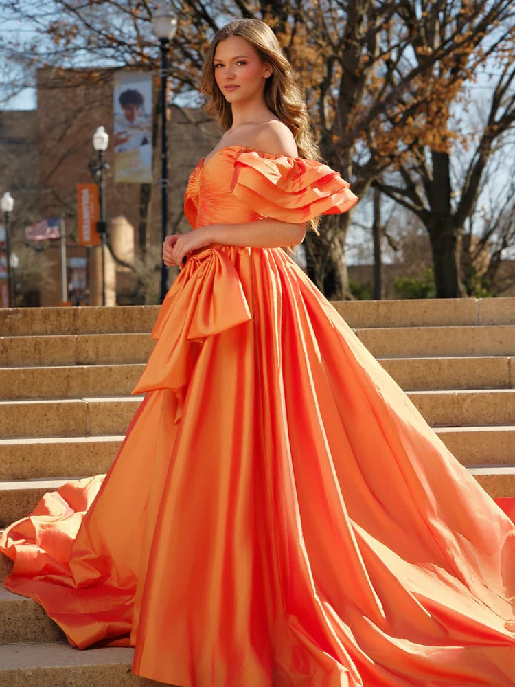 Orange Off-the-Shoulder Ruffle Satin Ball Gown Evening Dresses
