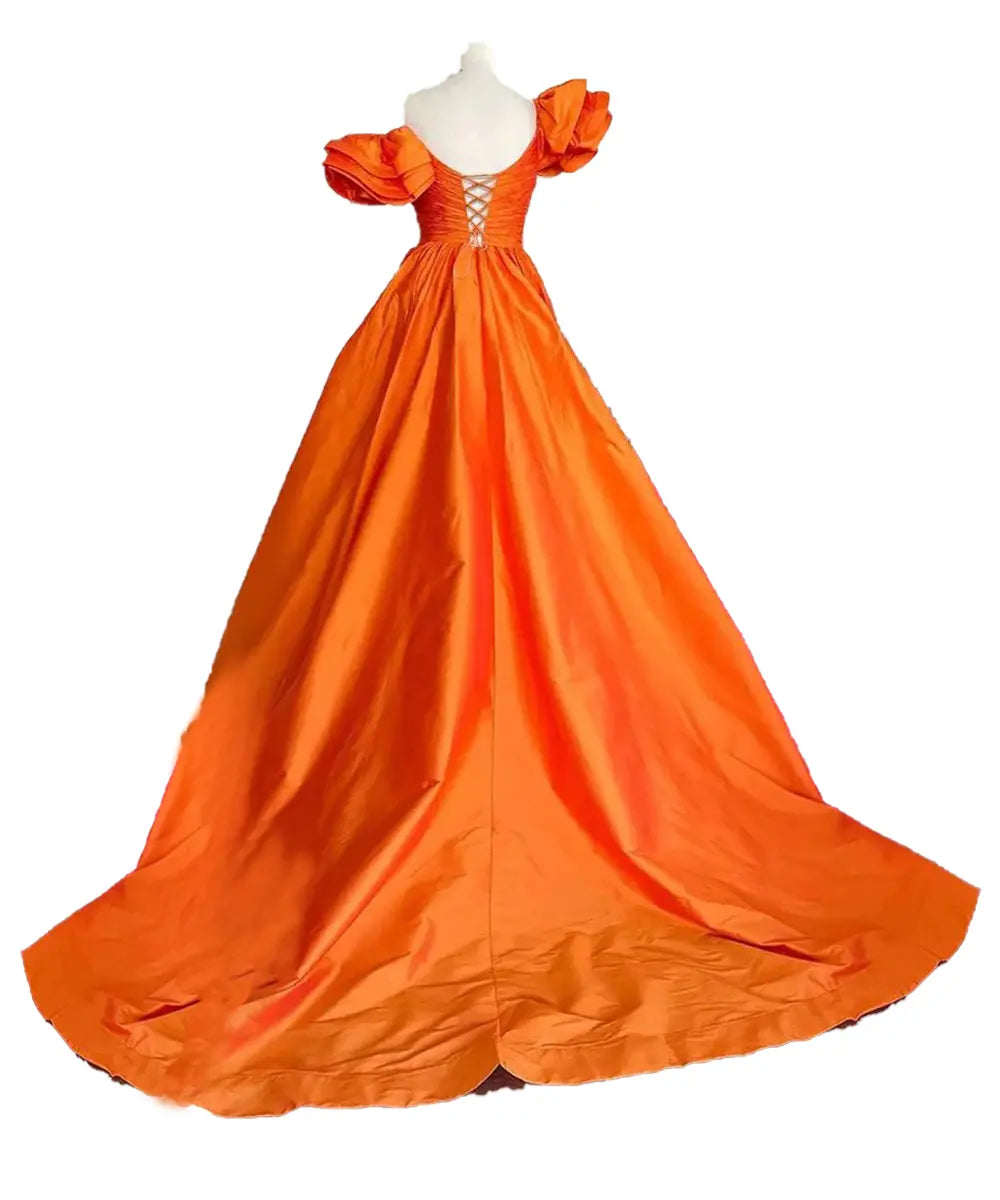 Orange Off-the-Shoulder Ruffle Satin Ball Gown Evening Dresses