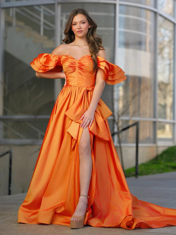 Orange Off-the-Shoulder Ruffle Satin Ball Gown Evening Dresses