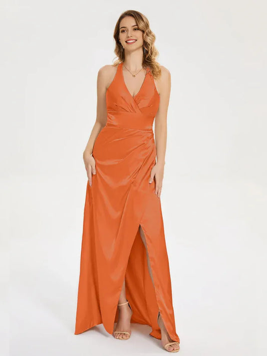Orange Satin Halter Neck V neck Soft Satin Prom Dress  with Wrap Design and High Side Slit