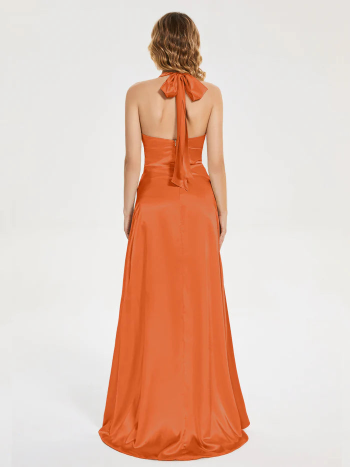 Orange Satin Halter Neck V neck Soft Satin Prom Dress  with Wrap Design and High Side Slit