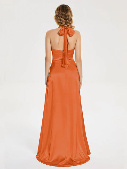 Orange Satin Halter Neck V neck Soft Satin Prom Dress  with Wrap Design and High Side Slit