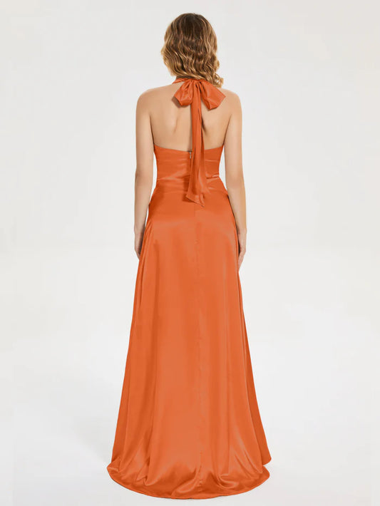 Orange Satin Halter Neck V neck Soft Satin Prom Dress  with Wrap Design and High Side Slit