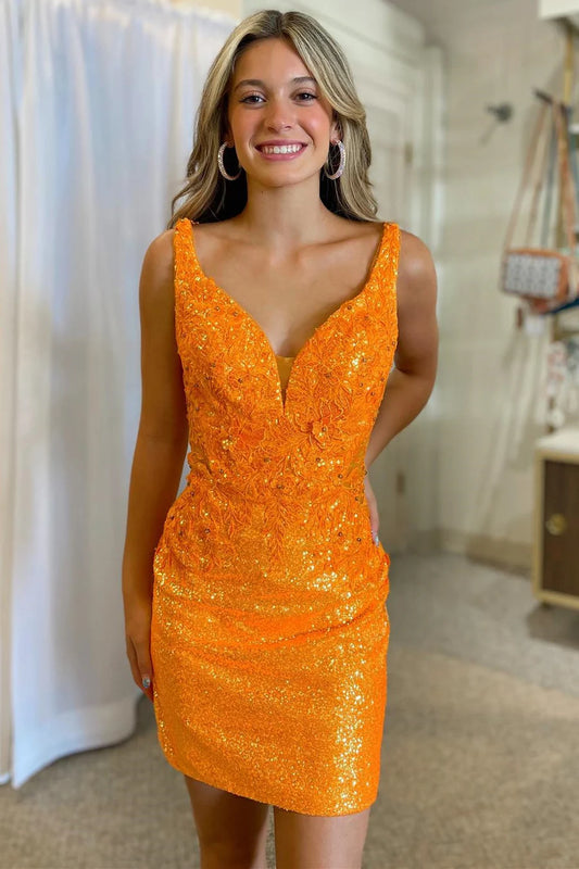 Orange Sequin Plunge V Short Gown with Appliques
