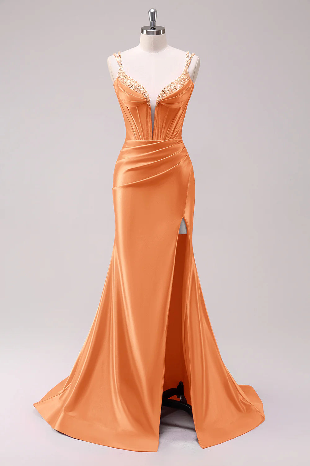 Orange Spaghetti Strap Beaded Corset Satin Mermaid Evening Dresses