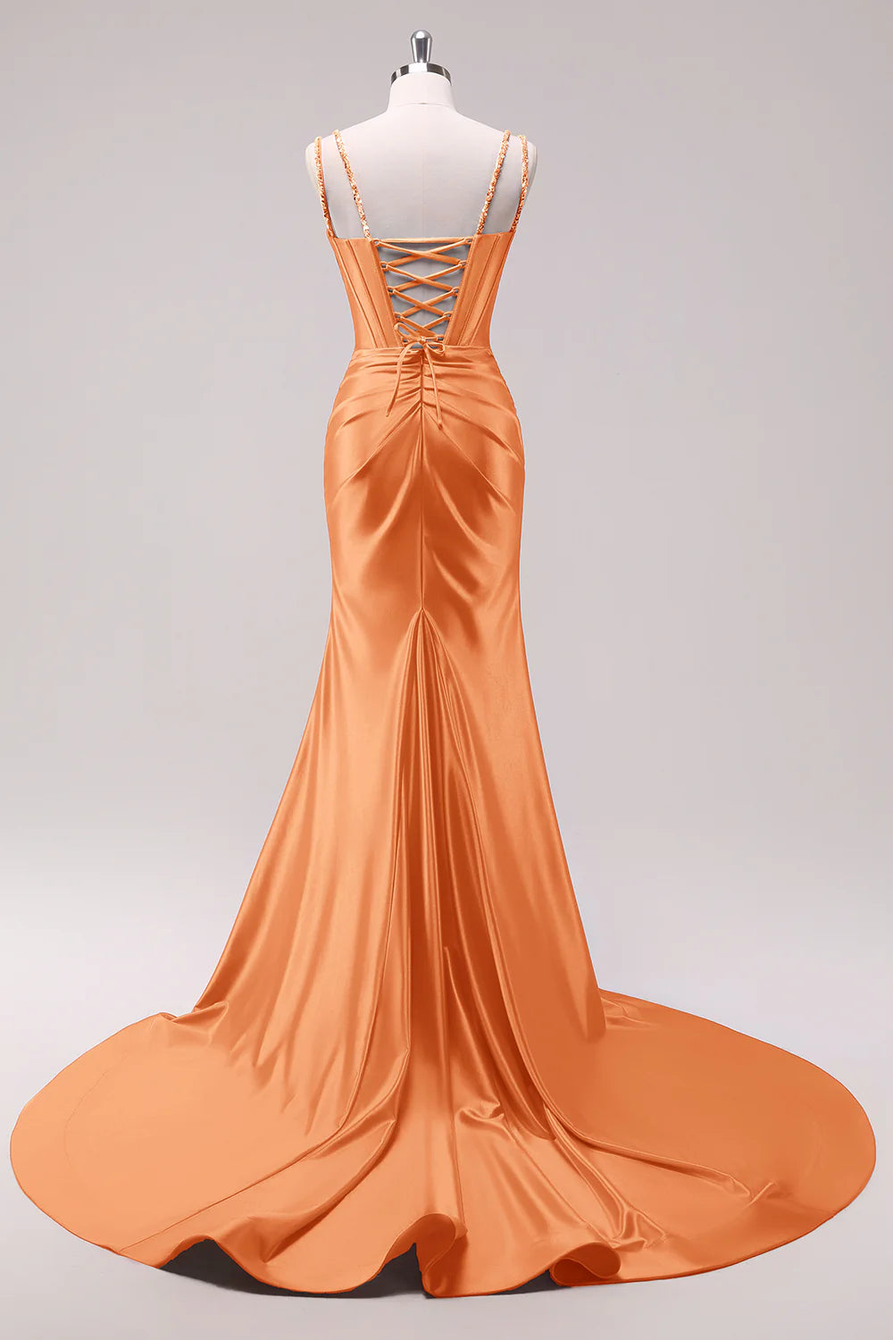Orange Spaghetti Strap Beaded Corset Satin Mermaid Evening Dresses