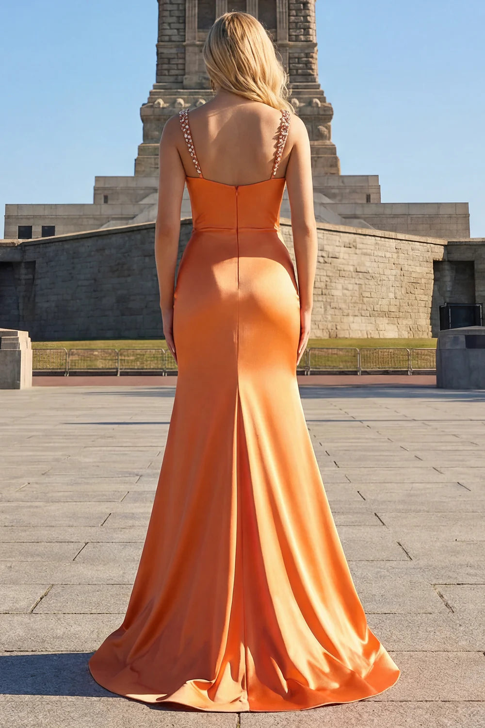 Orange Spaghetti Strap Beaded Corset Satin Mermaid Evening Dresses