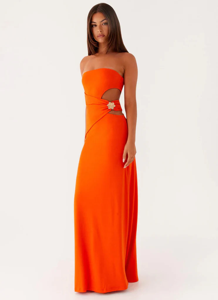 Orange Strapless Cutout Ruched Flower Maxi Prom Dress For Glam Formal Evening Events