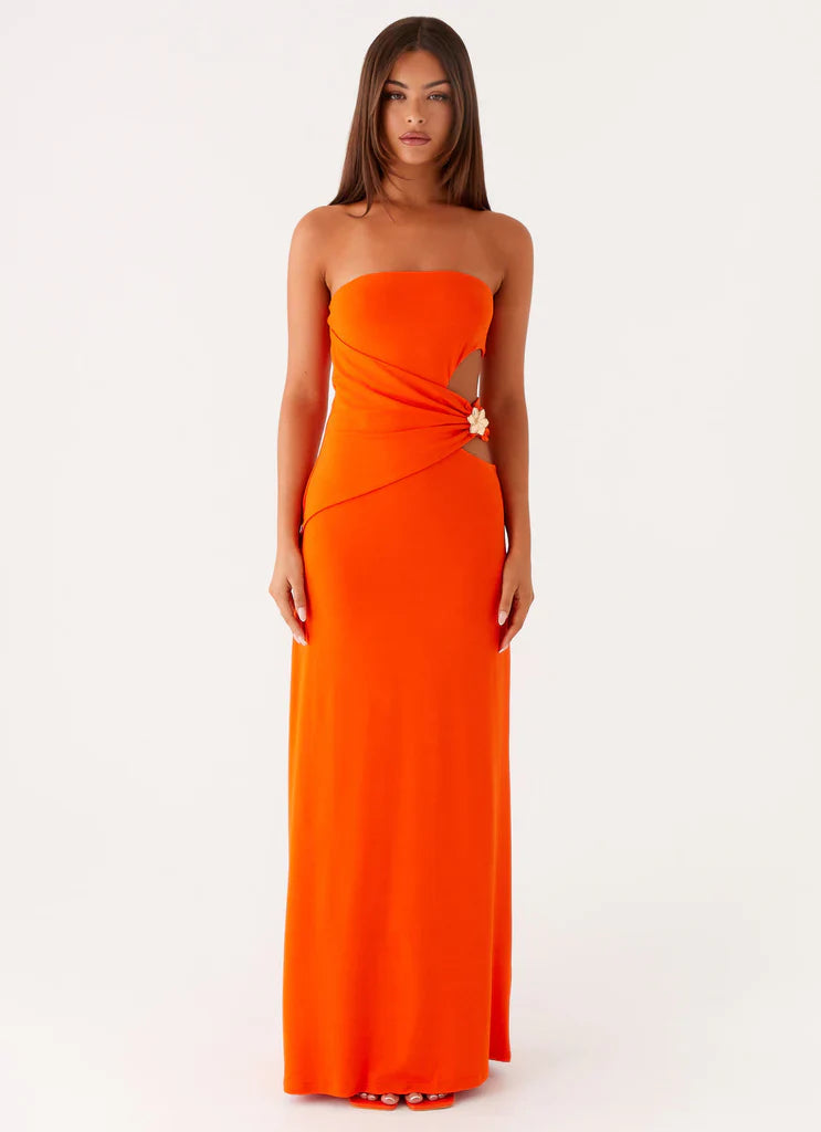 Orange Strapless Cutout Ruched Flower Maxi Prom Dress For Glam Formal Evening Events