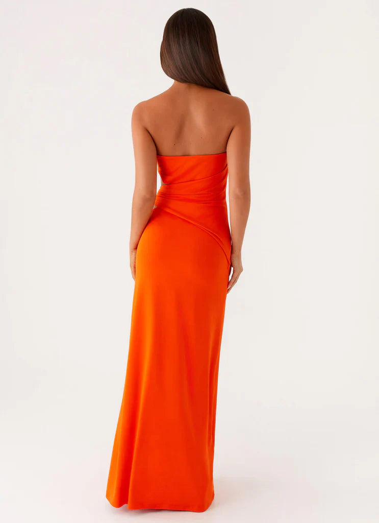 Orange Strapless Cutout Ruched Flower Maxi Prom Dress For Glam Formal Evening Events