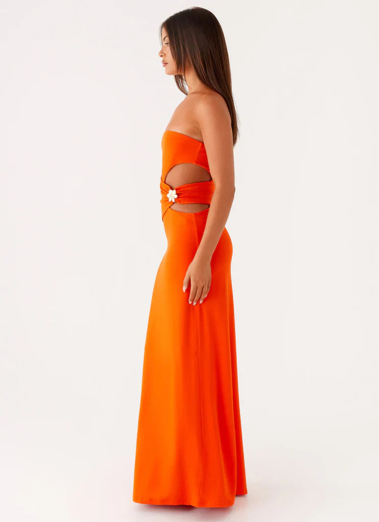 Orange Strapless Cutout Ruched Flower Maxi Prom Dress For Glam Formal Evening Events