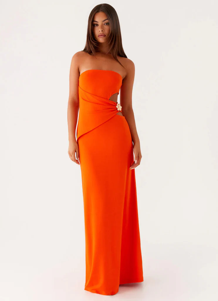 Orange Strapless Cutout Ruched Flower Maxi Prom Dress For Glam Formal Evening Events