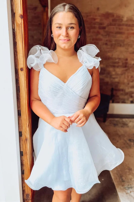 Organza Surplice-Neck Short Party Dress with Ruffles