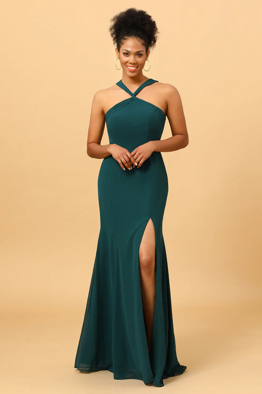 Mermaid suspender chiffon long bridal dress with side slit