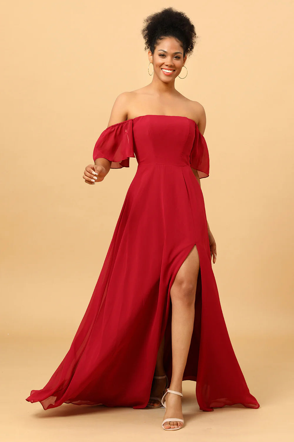 Off shoulder chiffon long bridesmaid dress with slit