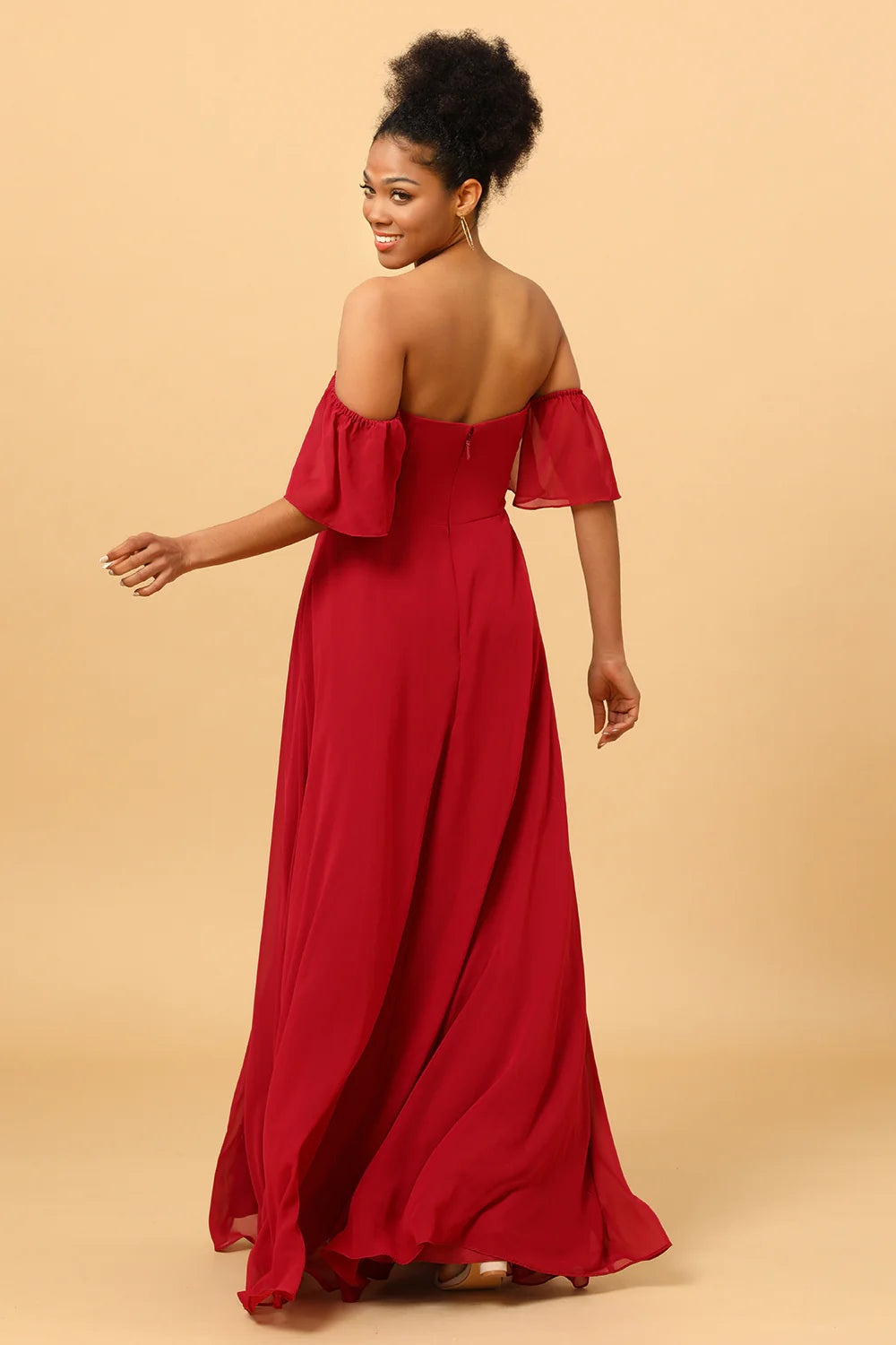 Off shoulder chiffon long bridesmaid dress with slit