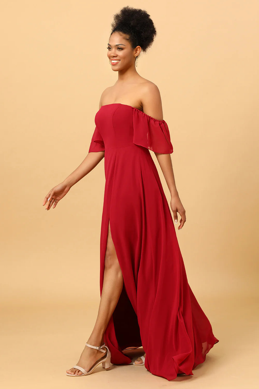 Off shoulder chiffon long bridesmaid dress with slit