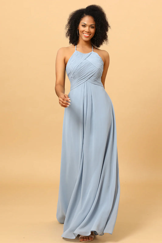 Strap hanging neck backless long chiffon bridesmaid dress
