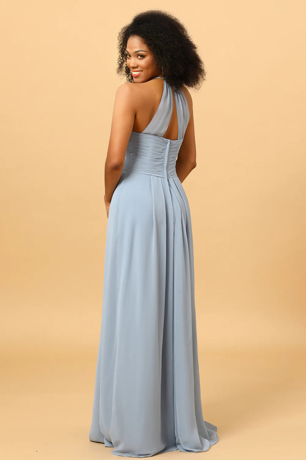 Strap hanging neck backless long chiffon bridesmaid dress