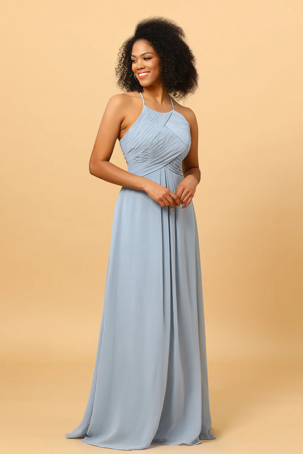 Strap hanging neck backless long chiffon bridesmaid dress