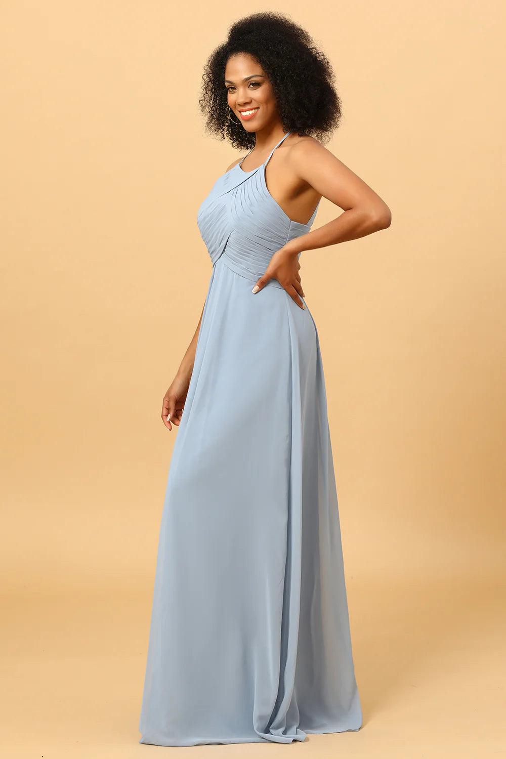 Strap hanging neck backless long chiffon bridesmaid dress
