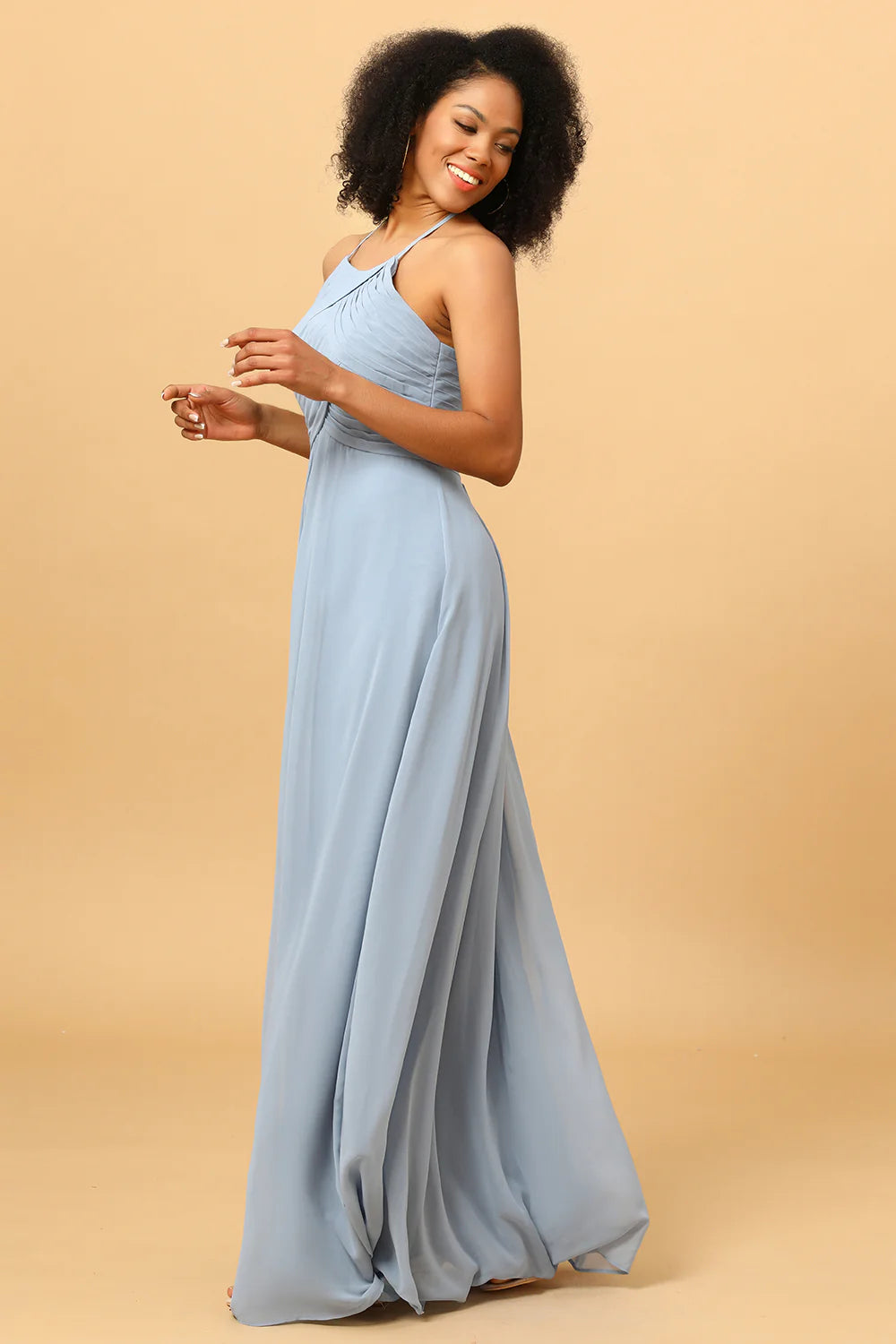 Strap hanging neck backless long chiffon bridesmaid dress