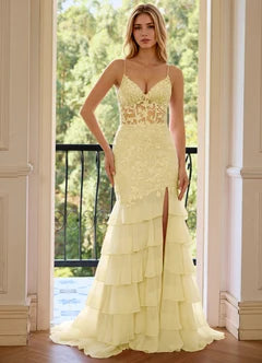 Pale Yellow 3D Floral Lace-Up Back Tiered Mermaid Evening Dresses