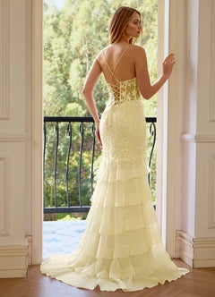 Pale Yellow 3D Floral Lace-Up Back Tiered Mermaid Evening Dresses