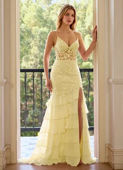 Pale Yellow 3D Floral Lace-Up Back Tiered Mermaid Evening Dresses