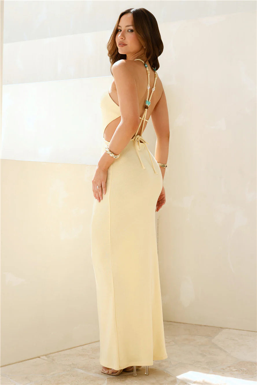 Pale Yellow Halter Neck Cutout Mermaid Evening Maxi Dress
