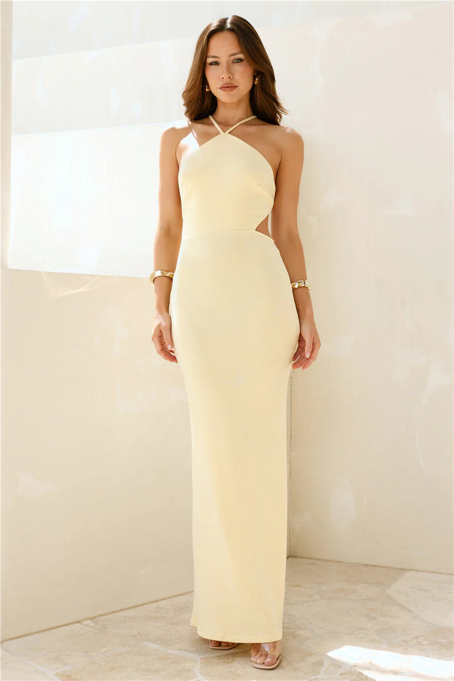 Pale Yellow Halter Neck Cutout Mermaid Evening Maxi Dress