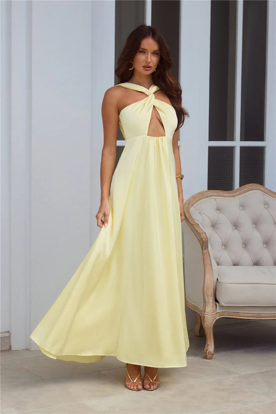 Pale Yellow Halter Neck Cutout Tie Back Maxi Evening Dresses