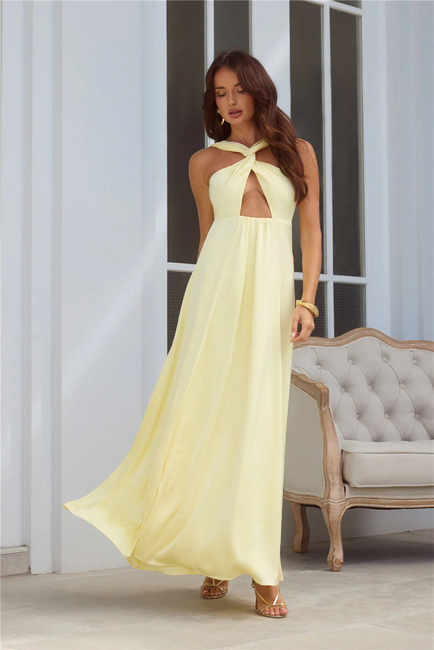 Pale Yellow Halter Neck Cutout Tie Back Maxi Evening Dresses