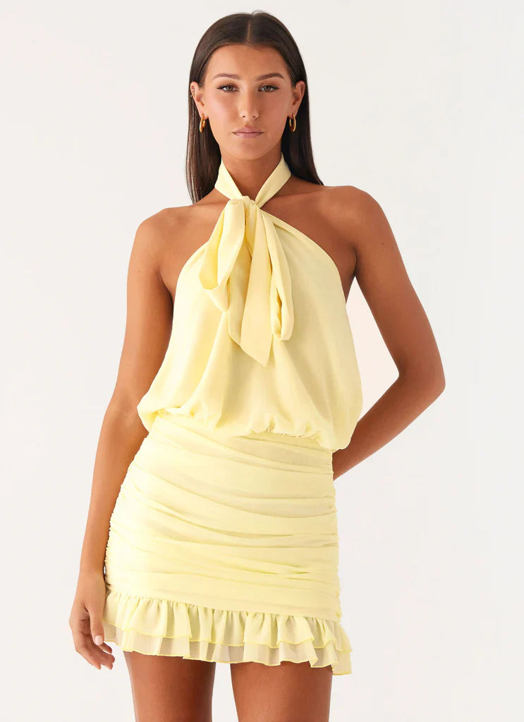 Pale Yellow Halter Neck Ruched Ruffle Mini Dress For Elegant Casual Party Events