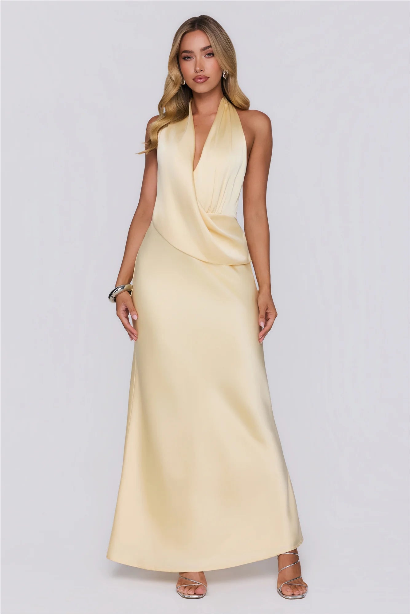 Pale Yellow Halter Neck Satin Evening Maxi Dress