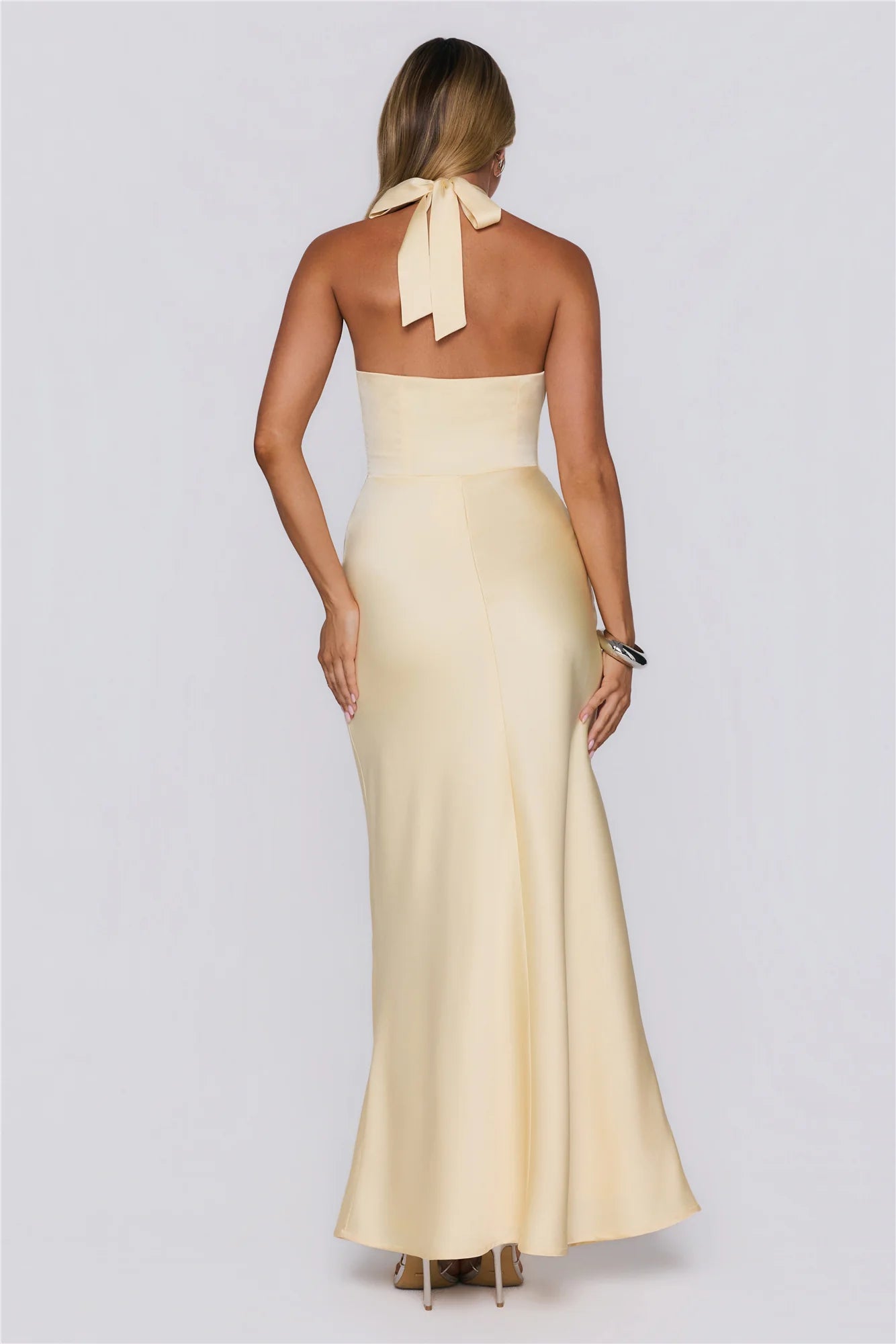 Pale Yellow Halter Neck Satin Evening Maxi Dress